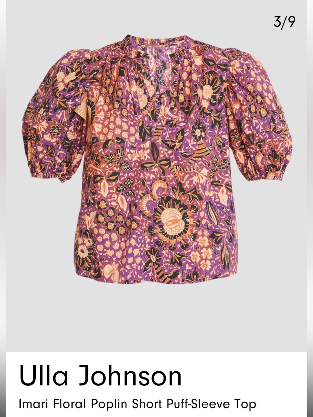 Ulla Johnson Imari Floral Poplin Short Puff-Sleeve Top, Medium